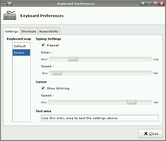 XFce4 keyboard settings window